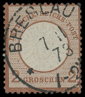 Brustschilde
Deutsches Reich
1872, Großer Brustschild: 2 Groschen BRAUN statt blau mit K1 "BRESLAU 7 11 73". Diese Farbabart galt zunächst als Probe...