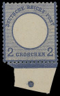 Brustschilde
Deutsches Reich
1872, Großer Brustschild: 2 Groschen dunkelgraublau, farbfrisches Unterrandstück mit Anlagepunkt, postfrisch ohne Signa...