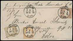 Brustschilde
Deutsches Reich
1872, Großer Brustschild: 2 1/2 Groschen braun zusammen mit 1/2 Groschen orange und 5 Groschen ocker, mit sauberen K1 „...