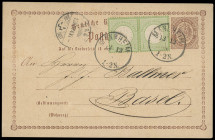 Brustschilde
Deutsches Reich
1872, Großer Brustschild: 1 Kreuzer grün, farbfrisches waagerechtes Kabinett-Paar auf 2 Kreuzer Ganzsachen-Karte, mit s...