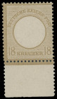 Brustschilde
Deutsches Reich
1872, Großer Brustschild: 18 Kreuzer, postfrisches Unterrandstück, ohne Signaturen, Luxus. Mi. 150+