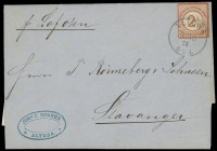 Brustschilde
Deutsches Reich
1874, 2 1/2 auf 2 1/2 Groschen braun, Kabinettstück mit sauberem K1 "ALTONA 30 10 74“ auf vollständigem Faltbrief nach ...