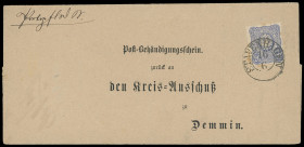 Pfennig/Pfennige & Krone/Adler
Deutsches Reich
1876/79, 10 und 20 Pfennige, drei sehr attraktive, verschiedenfarbige Behändigungsscheine aus Mecklen...