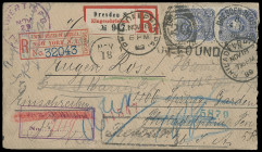 Pfennig/Pfennige & Krone/Adler
Deutsches Reich
1889, 20 Pfennig ultramarin, senkrechtes Paar auf Einschreibe-Retourbrief von "DRESDEN" über New York...