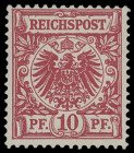 Pfennig/Pfennige & Krone/Adler
Deutsches Reich
1889/99, 10 Pfennig, dunkelrosa (braunrot) bräunlichgelb quarzend, farbtypisch und gut gezähnt, postf...