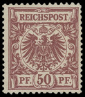 Pfennig/Pfennige & Krone/Adler
Deutsches Reich
1889, 50 Pfennig bräunlichkarmin, die seltenste Farbnuance mit Originalgummierung und dort größerer S...