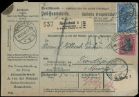 Germania
Deutsches Reich
1918, 80 (Pfg.) Kriegsdruck, karminrot (metallisch glänzend)/rotschwarz auf hellrosa, Kabinettstück, in Kombination mit 2 M...