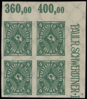 Germania
Deutsches Reich
1922, 4 Mark Posthorn, Abart: ungezähnt, vier Viererblöcke aus allen Bogenecken, postfrisch. Eine unterbewertete Marke. Mi....