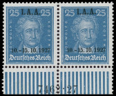 Weimarer Republik
Deutsches Reich
1927, "25 Pf. Tagung des internationalen Arbeitsamtes", waagerechtes Unterrandpaar mit Aufdruck-HAN "7462.27", uns...