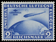 Weimarer Republik
Deutsches Reich
1930, 2 RM Südamerikafahrt mit stehendem Wasserzeichen und dem beliebten Plattenfehler "Mond über Luftschiff" von ...