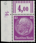 Drittes Reich
Deutsches Reich
1933, 3 (Pf) bis 100 (Pf) Paul von Hindenburg im Medaillon (II) mit Wassserzeichen "Waben", 14 Werte komplett einheitl...