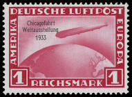 Drittes Reich
Deutsches Reich
1933, "50. Ozeanüberquerung des Luftschiffes Graf Zeppelin und zum Besuch der Chicago-Weltausstellung", drei Werte kom...
