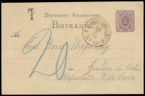 Ganzsachen
Deutsches Reich
1875, 5 Pfennige Ganzsachen-Postkarte, mit Bahnpost-K1 „K.K. POST AMBULANCE 30 6 75“ nach Spandau, mit Nachtaxe „20“. Spe...
