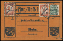 Halbamtliche Flugpost
Deutsches Reich
1912, 1 M auf 10 Pf mit Aufdruck "Gelber Hund", zwei Stück zusammen mit Mi.Nr. 85 I auf offizieller Flugkarte ...