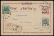 Togo
Deutsche Kolonien
1915, "One Penny auf 10 Pfennig" Ganzsachenkarte mit Zusatzfrankatur Goldküste "1/2 d" und "2 d" als Einschreibe-Ortskarte vo...