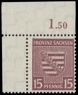 Provinz Sachsen
Deutschland nach 1945
1945, 15 Pf Freimarke Provinzwappen mittellilakarmin mit fallendem Wasserzeichen, postfrisches Eckrandstück au...