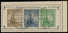 Thüringen
Deutschland nach 1945
1945, Blockausgabe: Wiederaufbau - Antifaschismus auf weißem, holzfreien Kartonpapier in der Type 4, der sogenannte ...