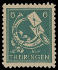 Thüringen
Deutschland nach 1945
1945, 6 (Pf) Posthorn und Brief schwärzlichbläulichgrün auf dünnem Papier mit Spargummierung, tadellos postfrisch, g...