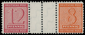 West-Sachsen
Deutschland nach 1945
1945, Freimarken Ziffern 6 Pf, 8 Pf und 12 Pf, vier verschiedene postfrische Zusammendrucke, unsigniert, tadellos...