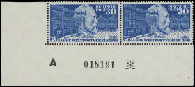 Bundesrepublik Deutschland
Deutschland nach 1945
1949, 75 Jahre Weltpostverein, Eckrandpaar aus der linken unteren Bogenecke mit schwarzer Bogenzähl...