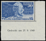 Bundesrepublik Deutschland
Deutschland nach 1945
1949, 75 Jahre Weltpostverein, Eckrandstück aus der rechten unteren Bogenecke mit Druckdatum "27.9....