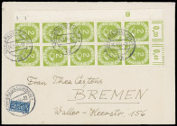 Bundesrepublik Deutschland
Deutschland nach 1945
1951, 2 Pfennig Posthorn, Zehnerblock aus der linken oberen Bogenecke mit Druckerzeichen "2" als po...