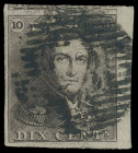 Belgien (Belgique, België)
Europa
1849, 10 Centimes Epaulette braun, allseits voll- bis überrandiges Randstück mit rechtem Bogenrand, oben mit Teil ...