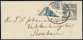 Färöer (Føroyar)
Europa
1919, 4 Öre Halbierung zusammen mit 3 Öre grau, auf Mini-Briefkuvert nach Thorshavn, mit rückseitigem Ankunfts-Stempel. Selt...