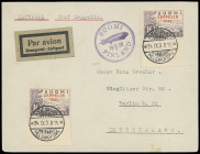 Finnland (Suomi)
Europa
1930, 10 M Zeppelin-Marke, wunderschöner Brief mit zwei ideal gestempelten Unterrandstücken, nach Berlin. Besonders dekorati...