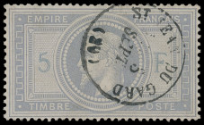 Frankreich
Europa
1869, 5 Francs graublau, farbfrisch und gut gezähnt, jedoch kleiner Zahnspalt, mit zentrischen K1 "ST. JEAN DU GARD". Ein überdurc...