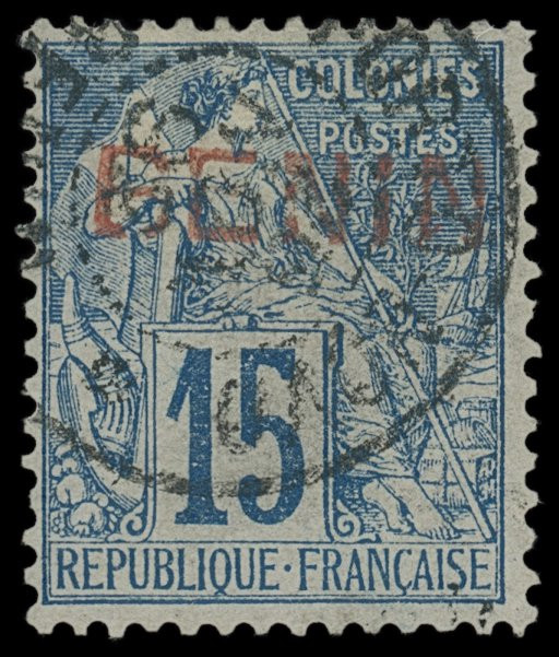 Benin
Europa
1892, 15 Centimes Allegorie hellblau mit rotem Handstempelaufdruc...