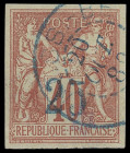 Nossi Be
Europa
1889, 25 Centimes blauer Handstempelaufdruck auf 40 Centimes Allegorie ziegelrot, allseits gleichmäßig breitrandige, tadellose Marke...