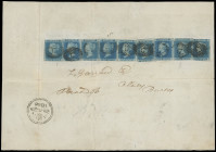 Großbritanien
Europa
1846, 2 Pence blau, neun farbfrische Einzelmarken im unregelmäßigem Schnitt als waagerechter Streifen geklebt und jeder Wert mi...