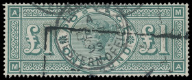 Großbritanien
Europa
1891, 1 Pfund grün, überdurchschnittlich gezähnt und zentriert, gestempelt (minimale Knitter unten rechts). Fotoattest Karl-Alb...