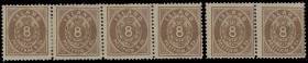 Island
Europa
1873, 8 Skilling braun gezähnt, Viererstreifen und waagerechtes Paar als ehemaliger Sechserstreifen, dabei die beiden linken Marken de...