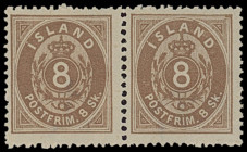 Island
Europa
1873, 8 Skilling braun gezähnt, zwei farbfrische waagerechte Paare (ehemaliger Viererblock) in ungebrauchter Erhaltung mit Originalgum...