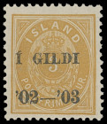 Island
Europa
1902, "1 GILDI `02-`03" schwarzer Aufdruck auf 3 Aur braun, gezähnt 12 3/4, postfrisch. Ein schönes Exemplar dieser guten Marke. Fotob...