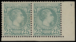 Monaco
Europa
1885, 25 Centimes Fürst Charles III. dunkelbläulichgrün, farbfrisch waagerechtes Kabinett-Paar aus der rechten unteren Bogenecke, unge...