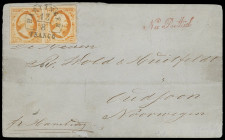 Niederlande (Nederland)
Europa
1852, 15 Cent König Willem III. dunkelorange, allseits breitrandiges waagerechtes Kabinett-Paar als Teilfrankatur auf...