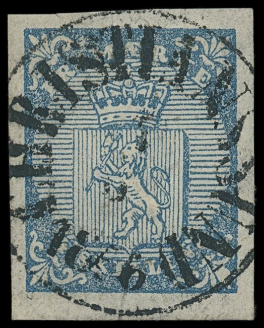 Norwegen (Norge, Noreg)
Europa
1855, 4 Skilling Landeswappen blau, allseits br...