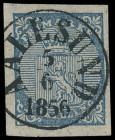 Norwegen (Norge, Noreg)
Europa
1855, 4 Skilling Landeswappen blau, allseits voll- bis breitrandiges Luxusstück mit perfektem K1 "AALESUND 5 6 1856"....