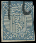 Norwegen (Norge, Noreg)
Europa
1855, 4 Skilling blau, farbfrisch jedoch teils leicht angeschnitten, mit französischem Tax-Stempel „12“ Decimes. Extr...
