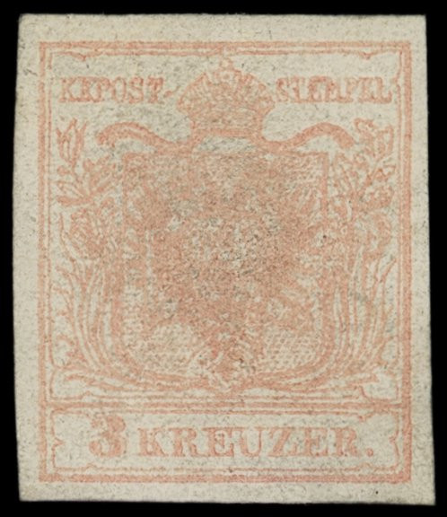 Austria
Europa
1850, 3 Kreuzer stumpfrosa, Maschinenpapier Type IIIb , allseit...