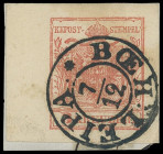 Austria
Europa
1850, 3 Kreuzer Wappenzeichnung rot, allseits breitrandig mit links ca. 8 mm Bogenrand und sauber entwertet mit vollem Abschlag des K...