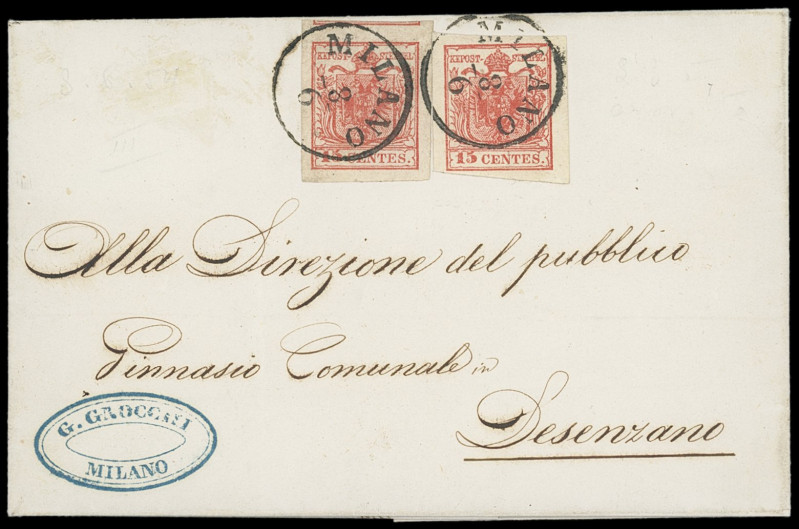 Lombardei und Venetien
Europa
1850, 15 Centesimi rot, Handpapier, zwei sehr fa...
