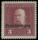 Ausgaben für Montenegro
Europa
1918, nicht ausgegebene Feldpostmarken mit waagerechtem Aufdruck "Montenegro", insgesamt 14 Werte mit den Mi.Nr. I-II...