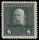 Ausgaben für Montenegro
Europa
1918, nicht ausgegebene Feldpostmarken mit waagerechtem Aufdruck "Montenegro", sechs Werte von "6 Heller" bis "90 Hel...