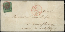 Schweiz - Genf
Europa
1845, 5 Centimes auf dunkelgrünem Papier, der sogenannte "Grosse Adler" mit Plattenfehler: "Markanter Unterbruch in der untere...
