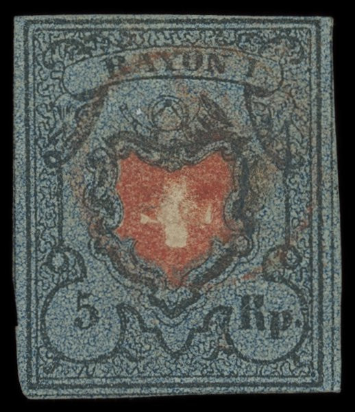Schweizerische Bundespost
Europa
1850, Rayon I: 5 Rappen ohne Kreuzeinfassung ...