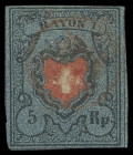 Schweizerische Bundespost
Europa
1850, Rayon I: 5 Rappen ohne Kreuzeinfassung grauschwarz/rot/graublau in Type 16 mit Druckabart: "Marmorierter Blau...